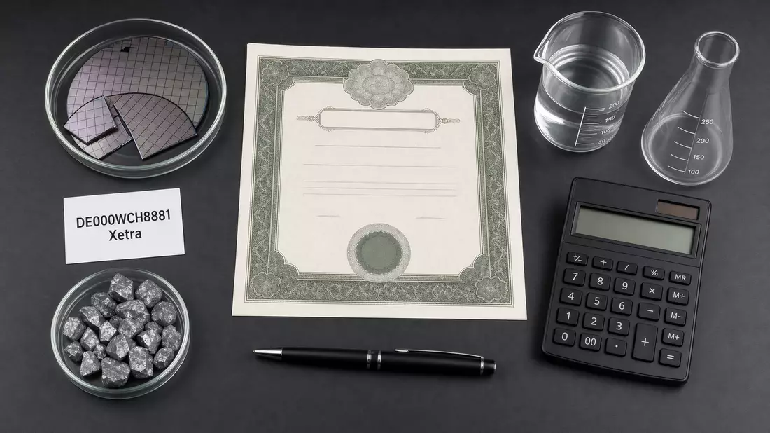 Flatlay mit Aktienzertifikat, ISIN-Karte, Siliziumwafern und Laborglas auf dunklem Tisch
