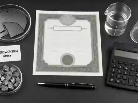 Wacker Chemie AG (DE000WCH8881) Flatlay zeigt Aktienzertifikat, ISIN-Karte und typische Chemie-Laborutensilien übersichtlich arrangiert - Foto: THN