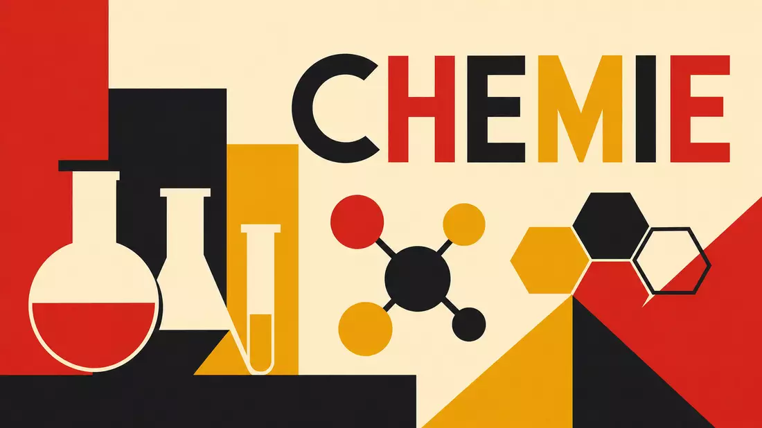 Bauhaus-Poster mit geometrischen Formen, Molekülen und dem Schriftzug CHEMIE