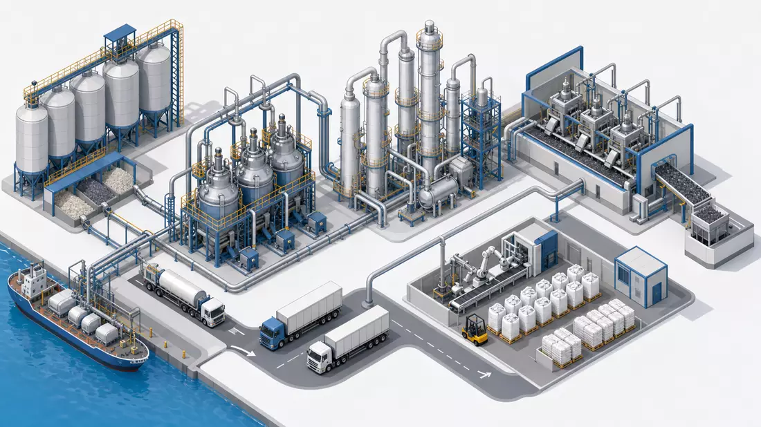 Isometrisches Diagramm einer Chemie-Wertschöpfungskette mit Silos, Reaktoren und Lkw