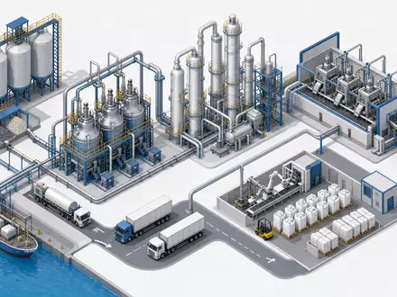 Wacker Chemie AG (DE000WCH8881) Wertschöpfungskette wird als isometrisches 3D-Prozessdiagramm der Chemieproduktion visualisiert - Foto: THN