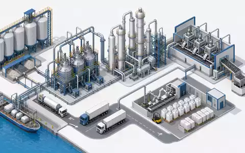 Wacker Chemie AG (DE000WCH8881) Wertschöpfungskette wird als isometrisches 3D-Prozessdiagramm der Chemieproduktion visualisiert - Foto: THN