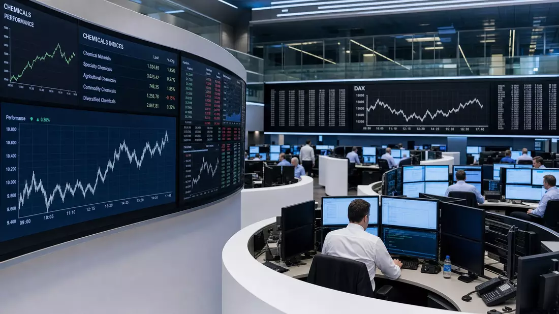 Börsen-Editorialfoto eines Handelsraums mit Chemie-Sektor-Charts auf großen Bildschirmen