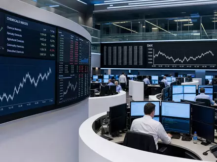 Wacker Chemie AG (DE000WCH8881) wird im redaktionellen Bild eines Handelsraums mit Chemie-Sektor-Charts gezeigt - Foto: THN