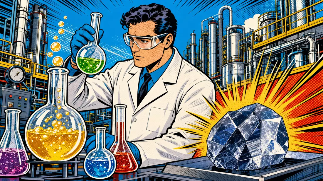 Pop-Art-Comic-Illustration eines Chemikers mit bunten Kolben und leuchtendem Siliziumkristall