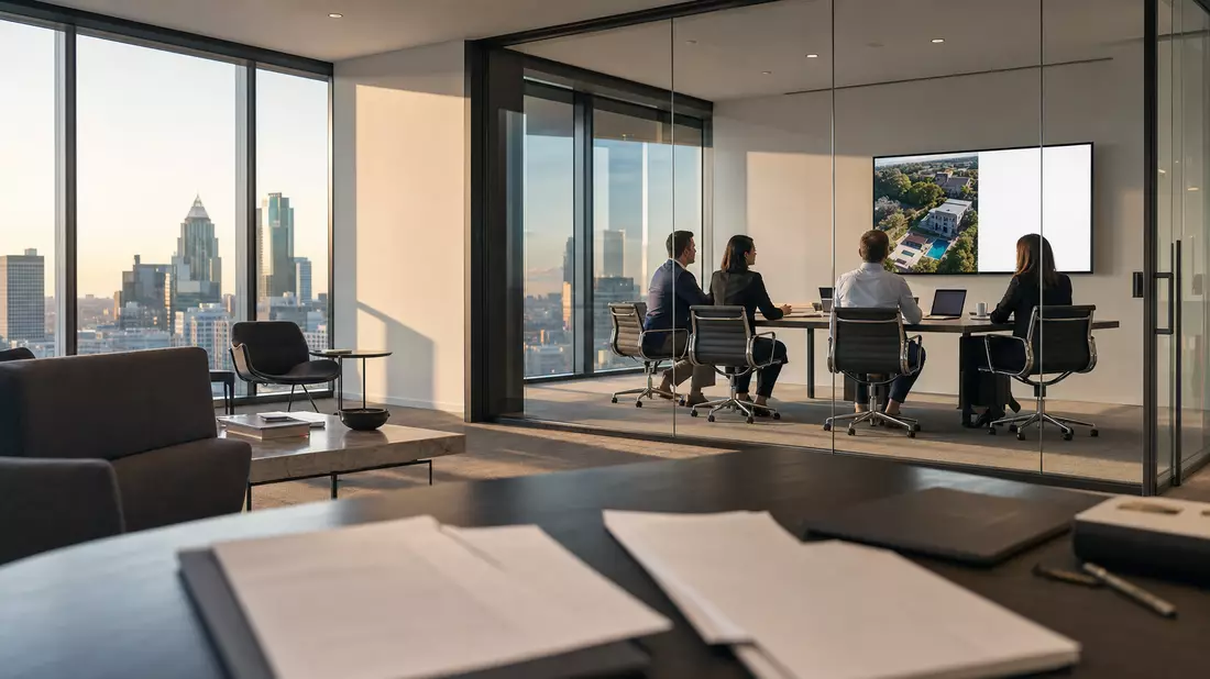 Moderne Bürobesprechung mit Underwritern bei Risikoprüfung, Glaswände, Skyline im Hintergrund