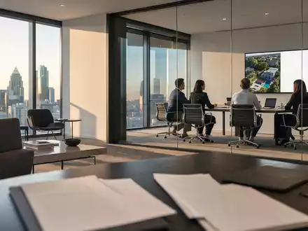Fotorealistisches Büro-Meeting zeigt Underwriting-Team von W.R. Berkley Corp, ISIN US08411M1045, bei Risikoanalyse Besprechung - Foto: THN