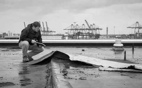 SchwarzweiĂ-Reportage dokumentiert Schadensgutachter bei Sturmschaden-Inspektion, passend zu W.R. Berkley Corp, ISIN US08411M1045, Spezialversicherung - Foto: THN