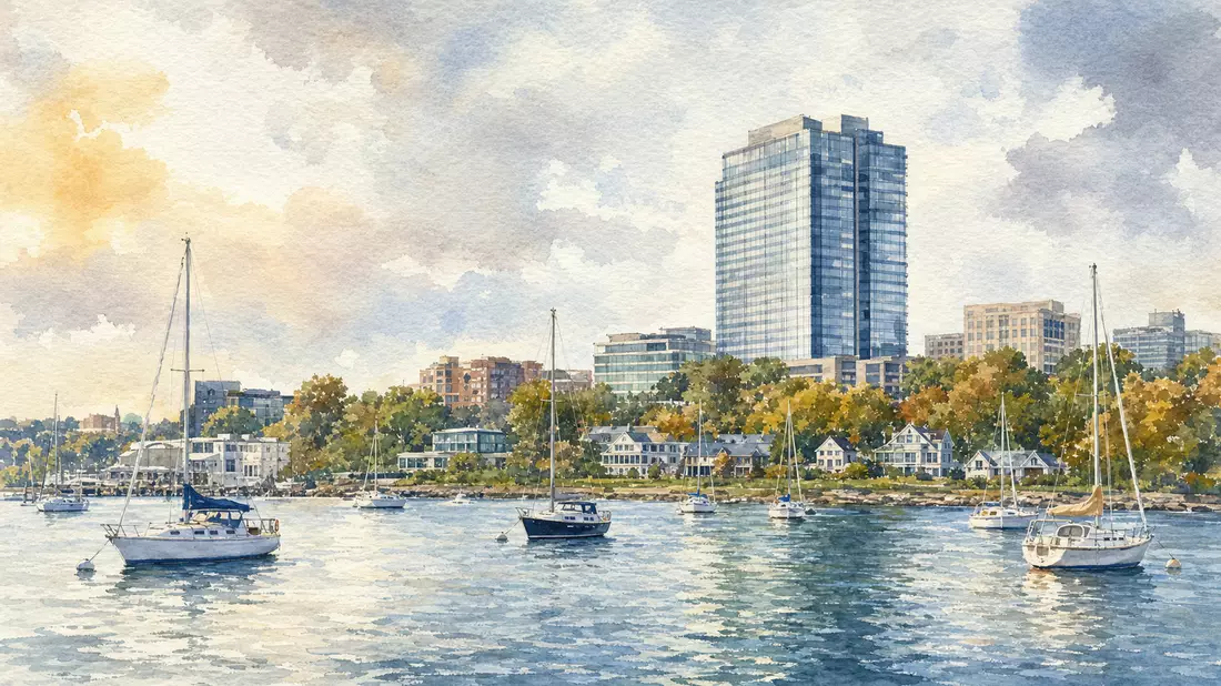 Aquarellbild von Greenwich Hafenpromenade mit Segelbooten und modernem Glasturm im Hintergrund