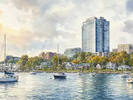 Aquarellmalerei zeigt Greenwich Hafenpanorama mit BĂŒrotower, Symbolbild fĂŒr W.R. Berkley Corp, ISIN US08411M1045, Konzernsitz - Foto: THN