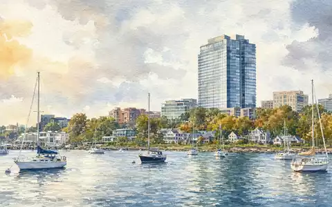 Aquarellmalerei zeigt Greenwich Hafenpanorama mit Bürotower, Symbolbild für W.R. Berkley Corp, ISIN US08411M1045, Konzernsitz - Foto: THN