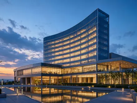 Architektur-Render zeigt glĂ€serne Firmenzentrale bei DĂ€mmerung, stellvertretend fĂŒr W.R. Berkley Corp, ISIN US08411M1045, Hauptsitz-GebĂ€ude - Foto: THN