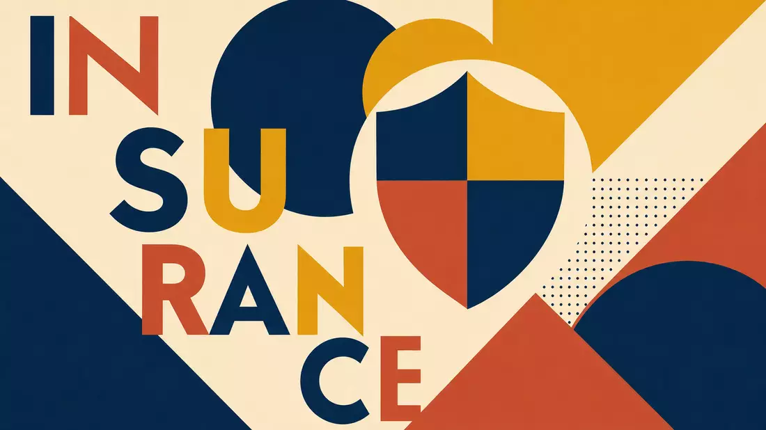 Geometrisches Bauhaus-Plakat mit Schild-Symbol und Schriftzug INSURANCE in Blau, Gelb, Terrakotta