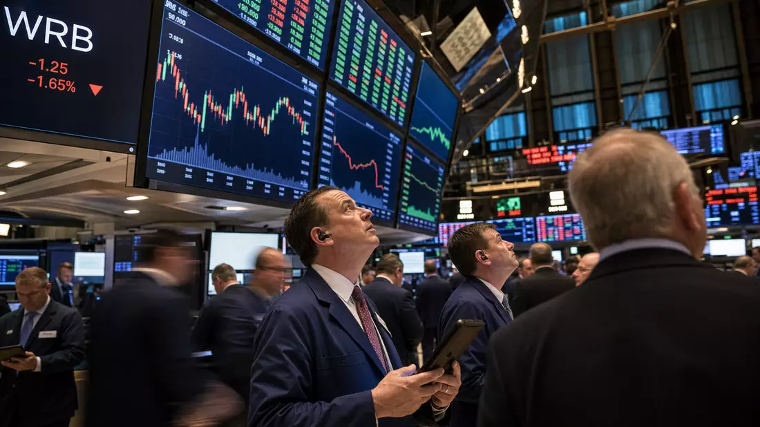 Trader beobachten Kurstafeln mit Charts und Ticker-Kürzel WRB auf belebtem Börsenparkett