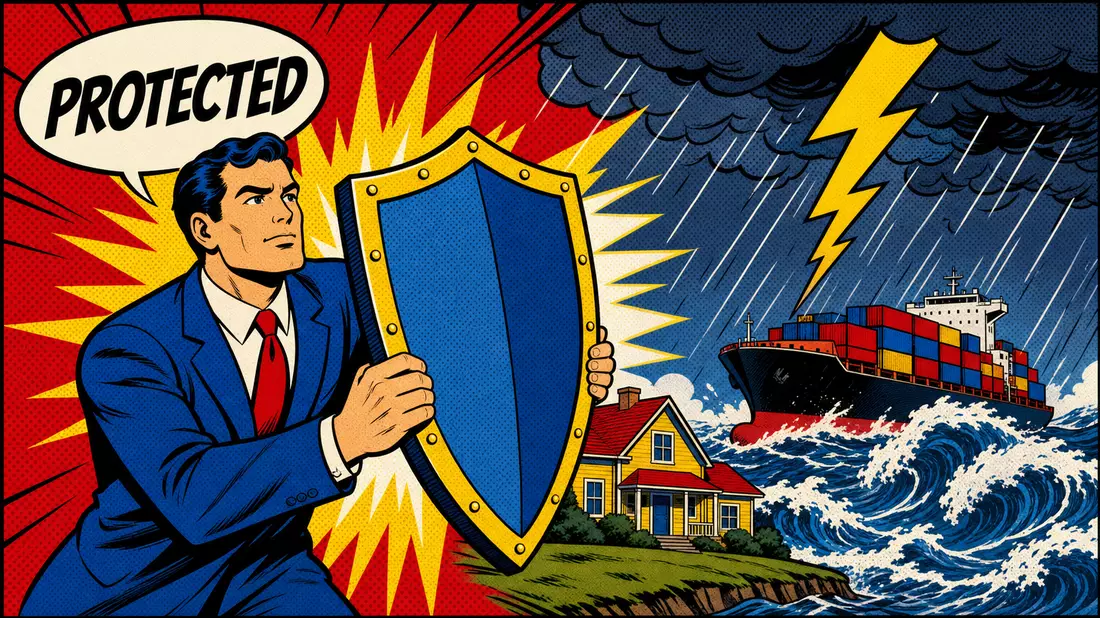 Bunte Comic-Illustration eines Mannes mit Schild schützt Haus und Frachtschiff vor Sturm