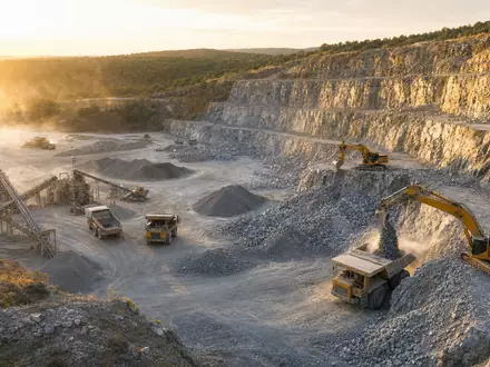Vulcan Materials US9291601097 zeigt Steinbruch mit Baggern, Lastwagen und großen Kies Schotter Halden bei Sonnenuntergang - Foto: THN