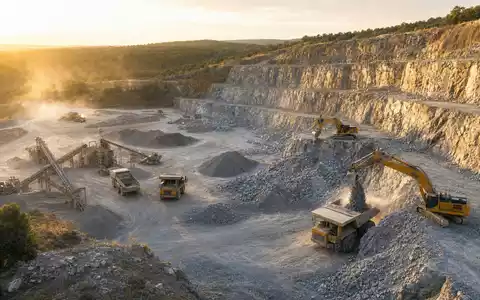 Vulcan Materials US9291601097 zeigt Steinbruch mit Baggern, Lastwagen und großen Kies Schotter Halden bei Sonnenuntergang - Foto: THN