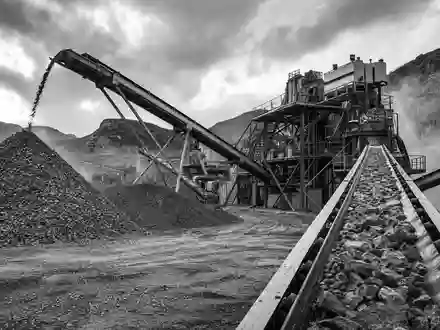 Vulcan Materials US9291601097 dokumentiert schwarzweiße Reportage einer Steinbrecheranlage mit Förderbändern und riesigen Schotterhaufen im Industriegelände - Foto: THN