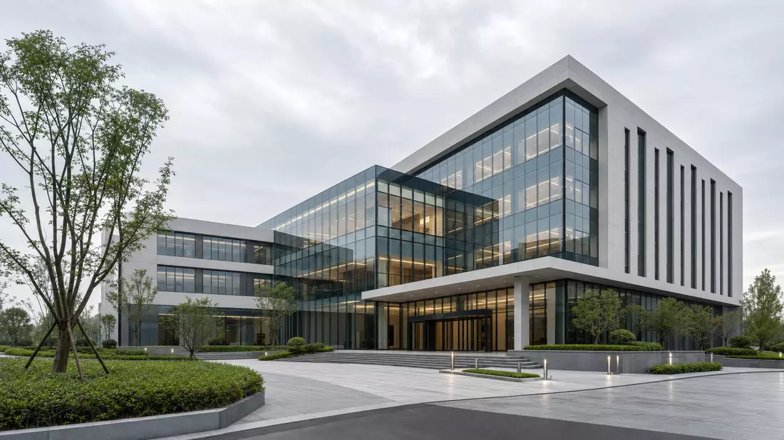 Architektur-Render einer modernen gläsernen Firmenzentrale mit gepflegten Grünanlagen