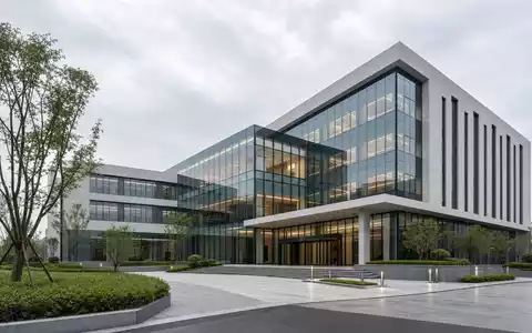 Vulcan Materials US9291601097 präsentiert Architektur-Render einer gläsernen unbeschrifteten Firmenzentrale mit gepflegten Außenanlagen bei bewölktem Tageslicht - Foto: THN