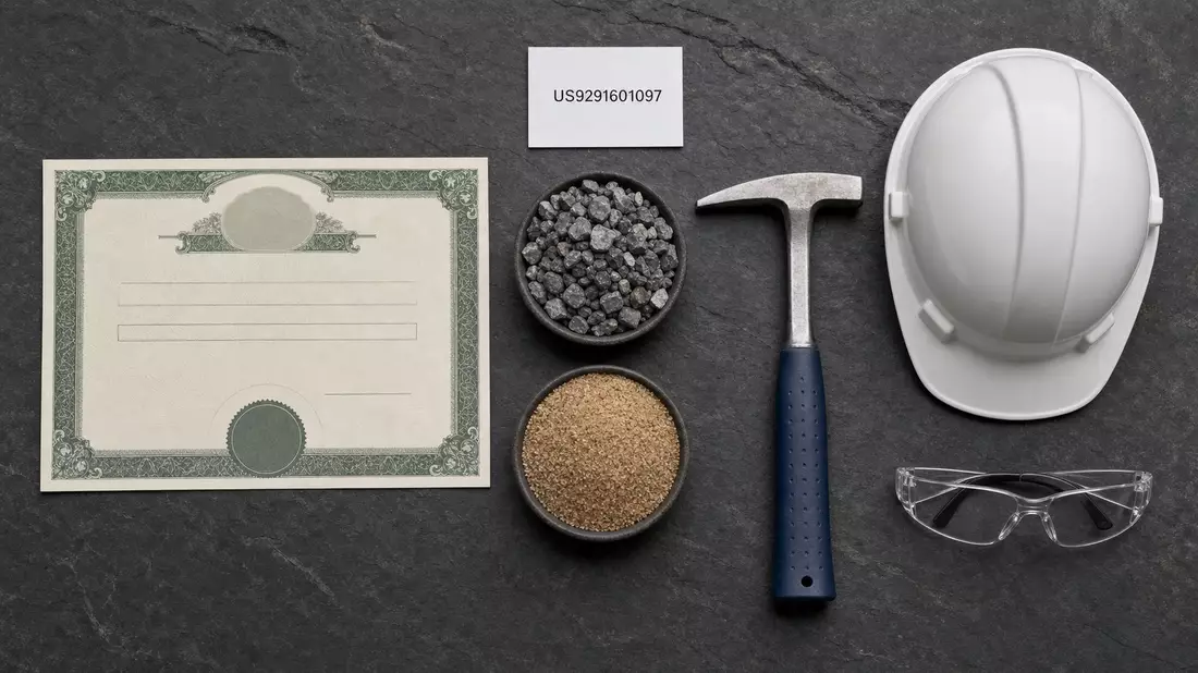 Flatlay mit Aktienzertifikat, ISIN-Karte, Schotterproben, Bauhelm und Sicherheitsbrille