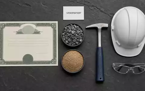 Vulcan Materials US9291601097 zeigt Flatlay mit Aktienzertifikat, ISIN-Karte, Schotterproben, Sand, Helm und Sicherheitsbrille arrangiert - Foto: THN