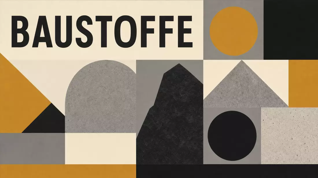 Geometrisches Bauhaus-Poster mit Sektor-Schriftzug BAUSTOFFE in kräftigen Farbflächen