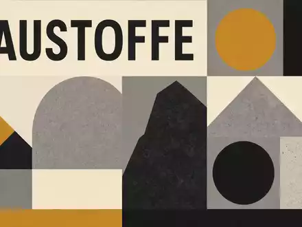 Vulcan Materials US9291601097 kombiniert geometrisches Bauhaus-Poster mit dem Sektor-Text BAUSTOFFE in kräftigen Farbflächen und Formen - Foto: THN