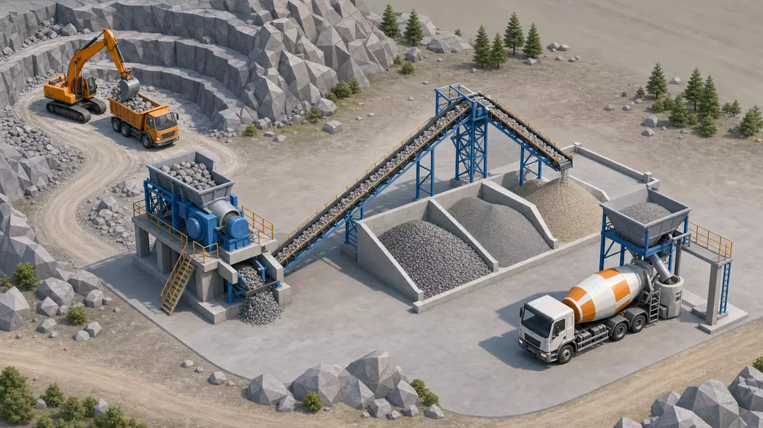 Isometrische 3D-Grafik der Wertschöpfungskette von Gesteinsabbau bis Betonmischerbeladung