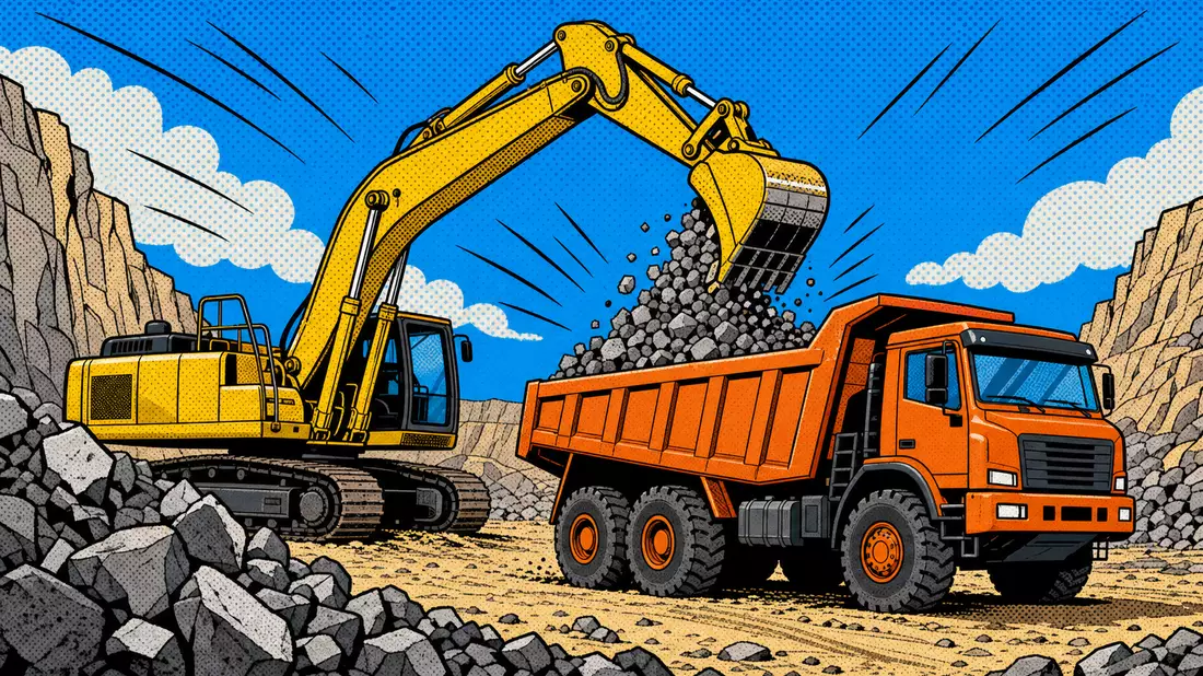 Pop-Art-Comic-Szene mit Bagger, Kipplaster und Schotterhaufen in einem Steinbruch