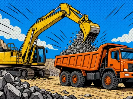 Vulcan Materials US9291601097 inszeniert farbenfrohe Pop-Art-Comic-Szene mit Bagger, Kipplaster und Schotterhaufen in einem Steinbruch - Foto: THN