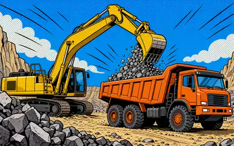 Vulcan Materials US9291601097 inszeniert farbenfrohe Pop-Art-Comic-Szene mit Bagger, Kipplaster und Schotterhaufen in einem Steinbruch - Foto: THN