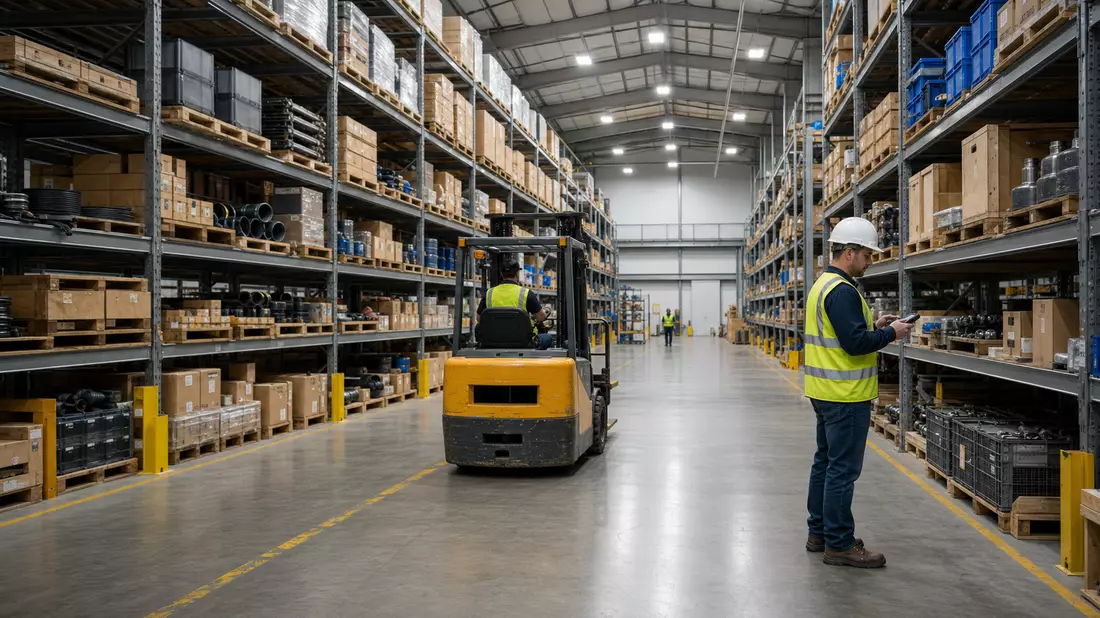 Fotorealistisches Industrielager mit Regalen, Gabelstapler und Arbeiter in Schutzausrüstung