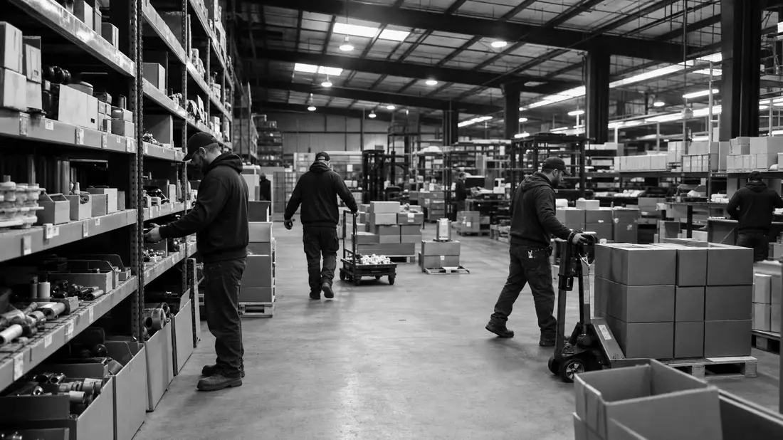 Dokumentarische Schwarzweiß-Aufnahme von Arbeitern in einem Industrieverteilzentrum
