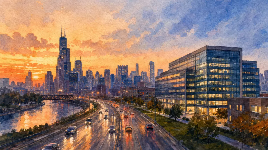 Aquarellmalerei einer Skyline mit modernem Bürogebäude bei Abenddämmerung