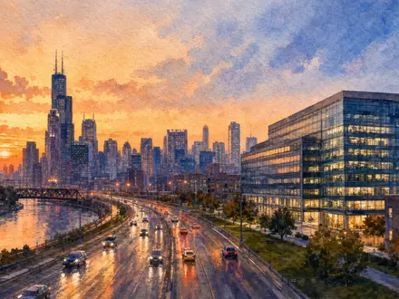 Aquarellbild einer US-Großstadt bei Sonnenuntergang symbolisiert den Hauptsitz von W.W. Grainger Inc, ISIN US3848021040 - Foto: THN