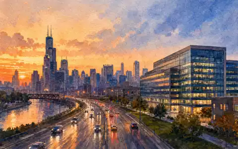 Aquarellbild einer US-Großstadt bei Sonnenuntergang symbolisiert den Hauptsitz von W.W. Grainger Inc, ISIN US3848021040 - Foto: THN