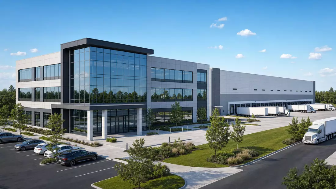 3D-Architekturvisualisierung eines Bürogebäudes mit angeschlossenem Logistikzentrum