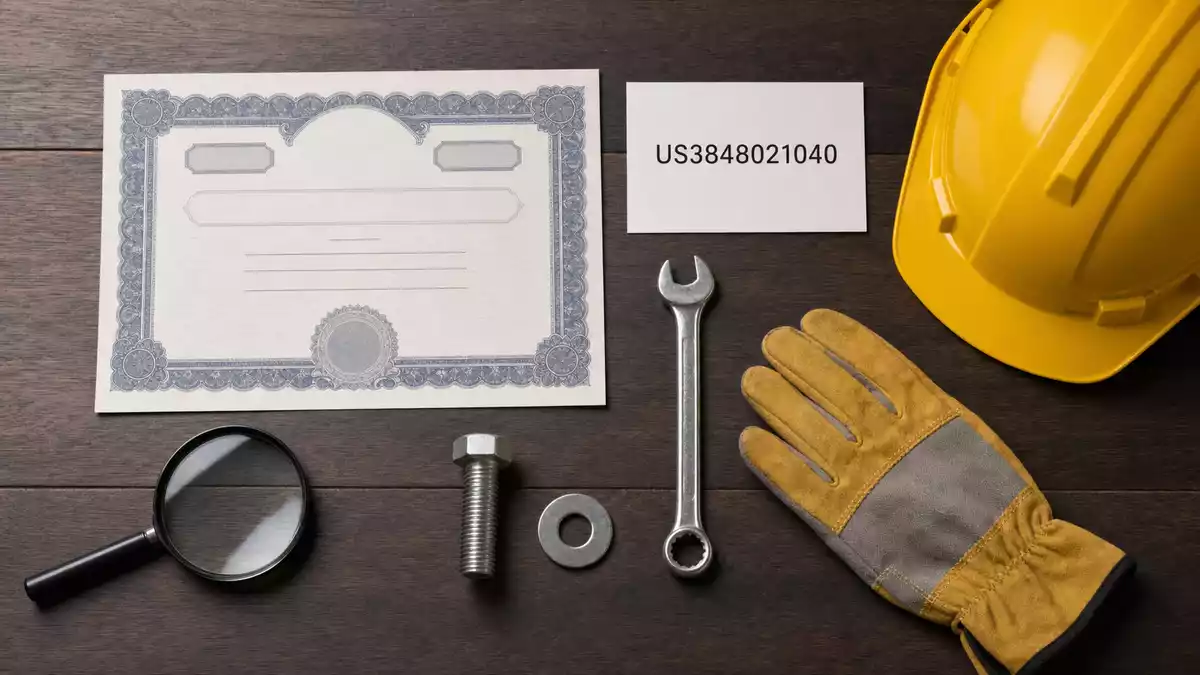 Flatlay-Anordnung mit Aktienzertifikat, ISIN-Karte, Werkzeug und Sicherheitsausrüstung