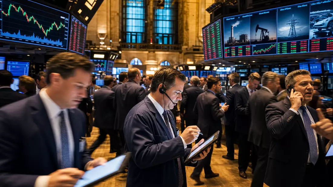 Trading-Floor mit Händlern und Bildschirmen mit Industrie-Sektor-Charts