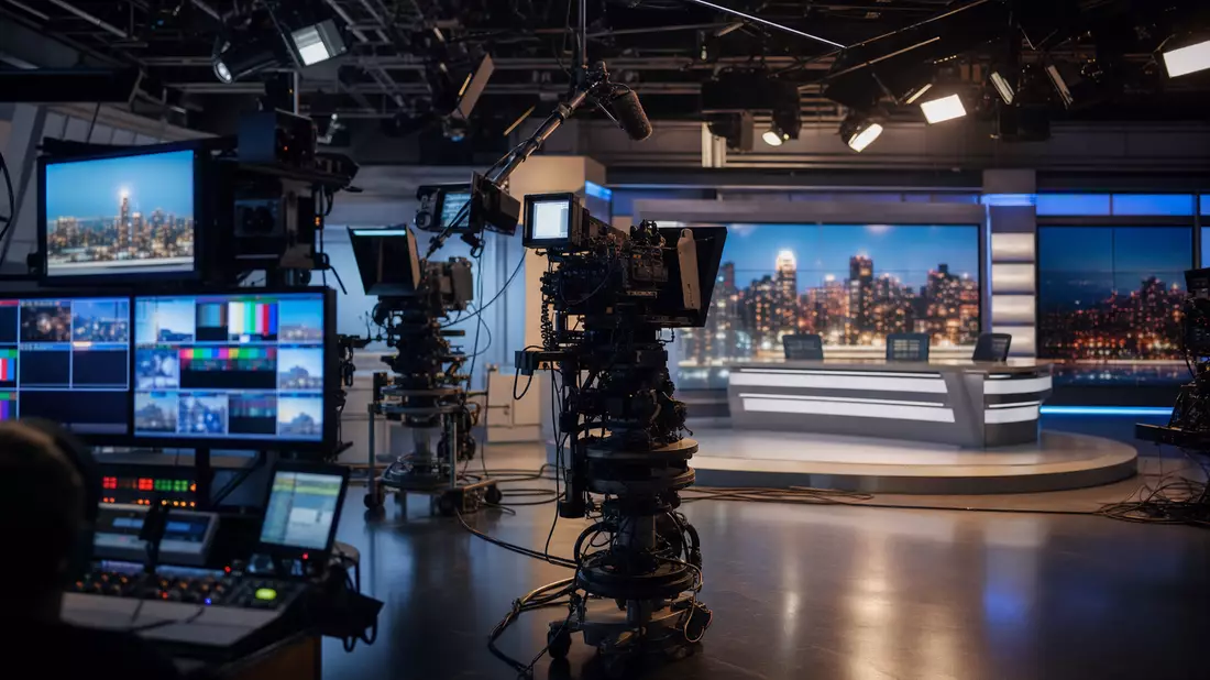 Fotorealistisches TV-Studio mit Kameras, Lichtern und Nachrichtendesk in Paris