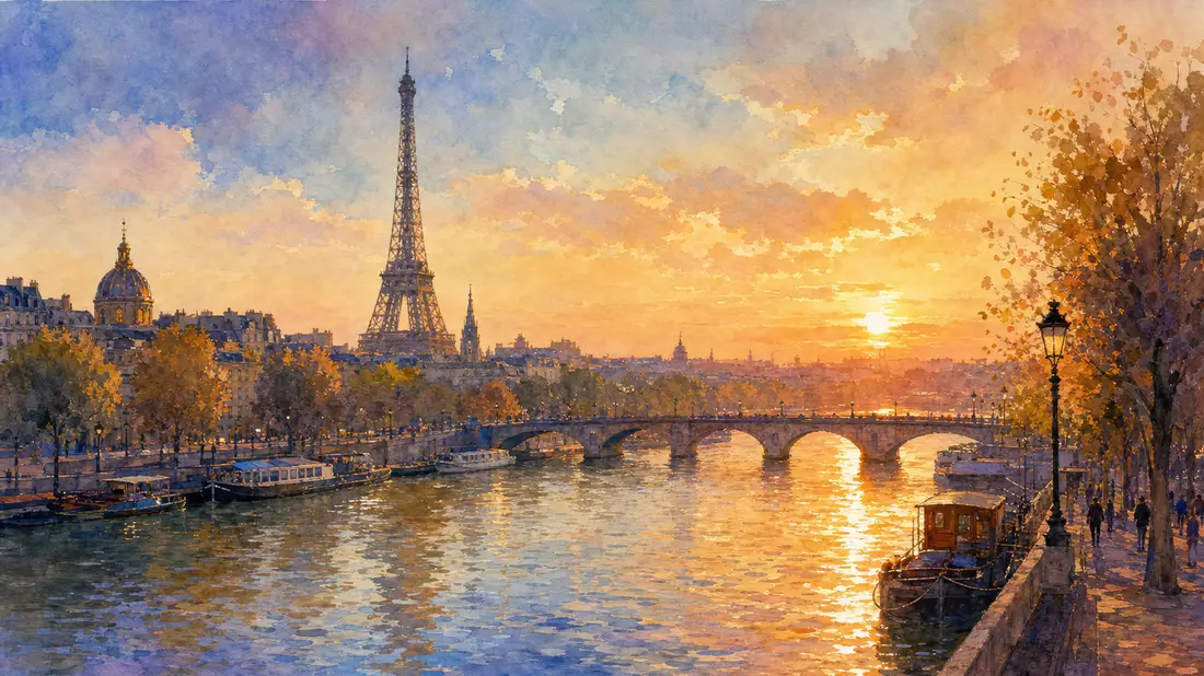 Aquarellmalerei der Pariser Skyline mit Eiffelturm und Seine bei Sonnenuntergang