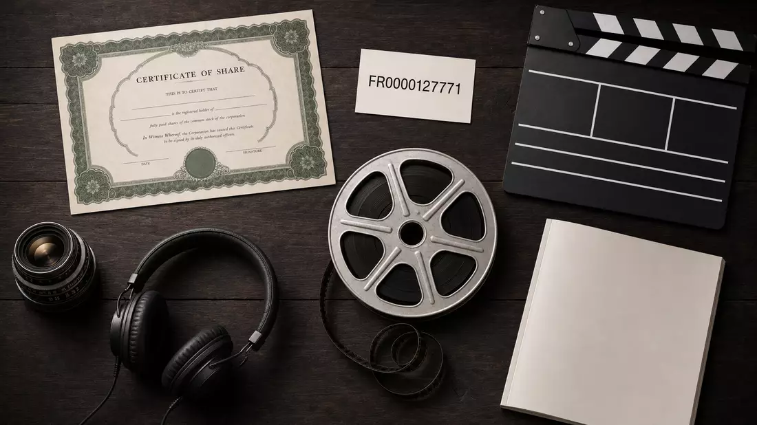 Flatlay mit Aktienzertifikat, ISIN-Karte FR0000127771, Filmrolle und Kameraobjektiv
