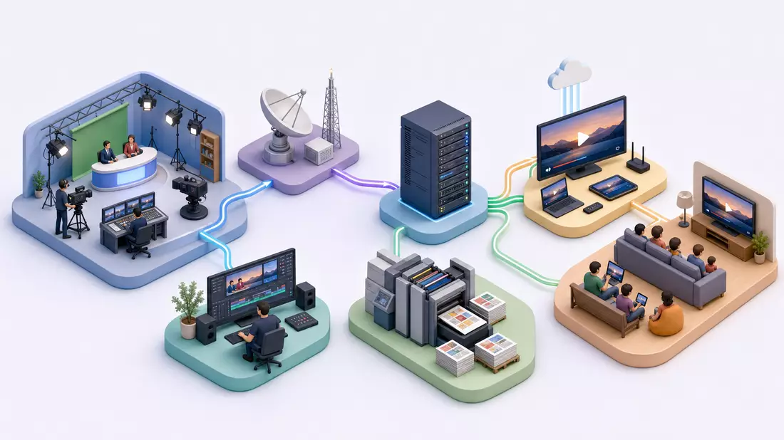 Isometrisches 3D-Diagramm der Medien-Wertschöpfungskette von Studio bis Publikum