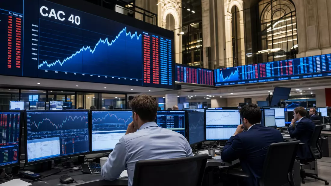 Börsen-Editorial mit Handelsraum, Kurscharts und Anzeige CAC 40 in Paris