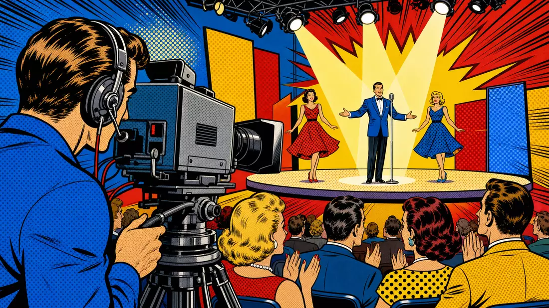 Pop-Art-Comic einer bunten Fernsehstudio-Szene mit Kamera und Bühnenlicht