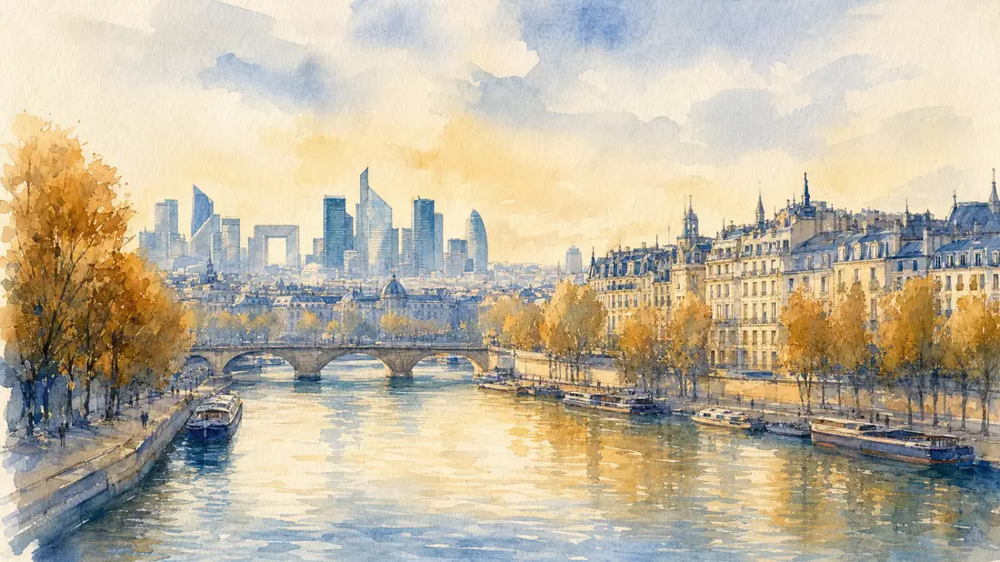 Aquarellbild der Seine mit Pariser Altstadt und Bürotürmen von La Défense im Hintergrund