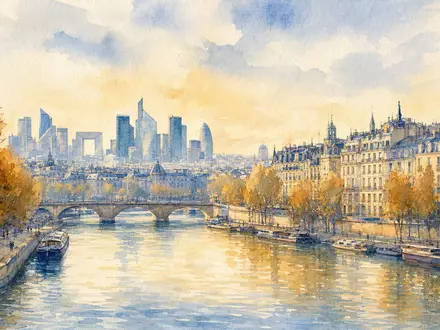 Aquarellmalerei der Pariser Skyline symbolisiert das Immobilienportfolio von Gecina SA FR0010040865 entlang der Seine - Foto: THN