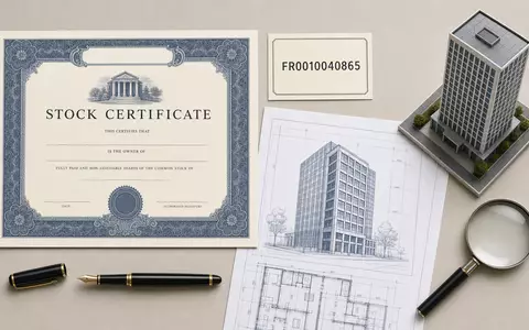 Flatlay mit Aktienzertifikat und ISIN-Karte FR0010040865 illustriert eine Kapitalanlage in Gecina SA, den Büroimmobilien-REIT - Foto: THN
