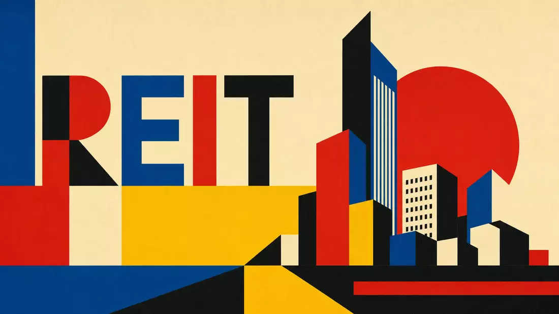 Bauhaus-Poster mit geometrischen Formen, Skyline-Silhouette und dem Wort REIT in kräftigen Farben